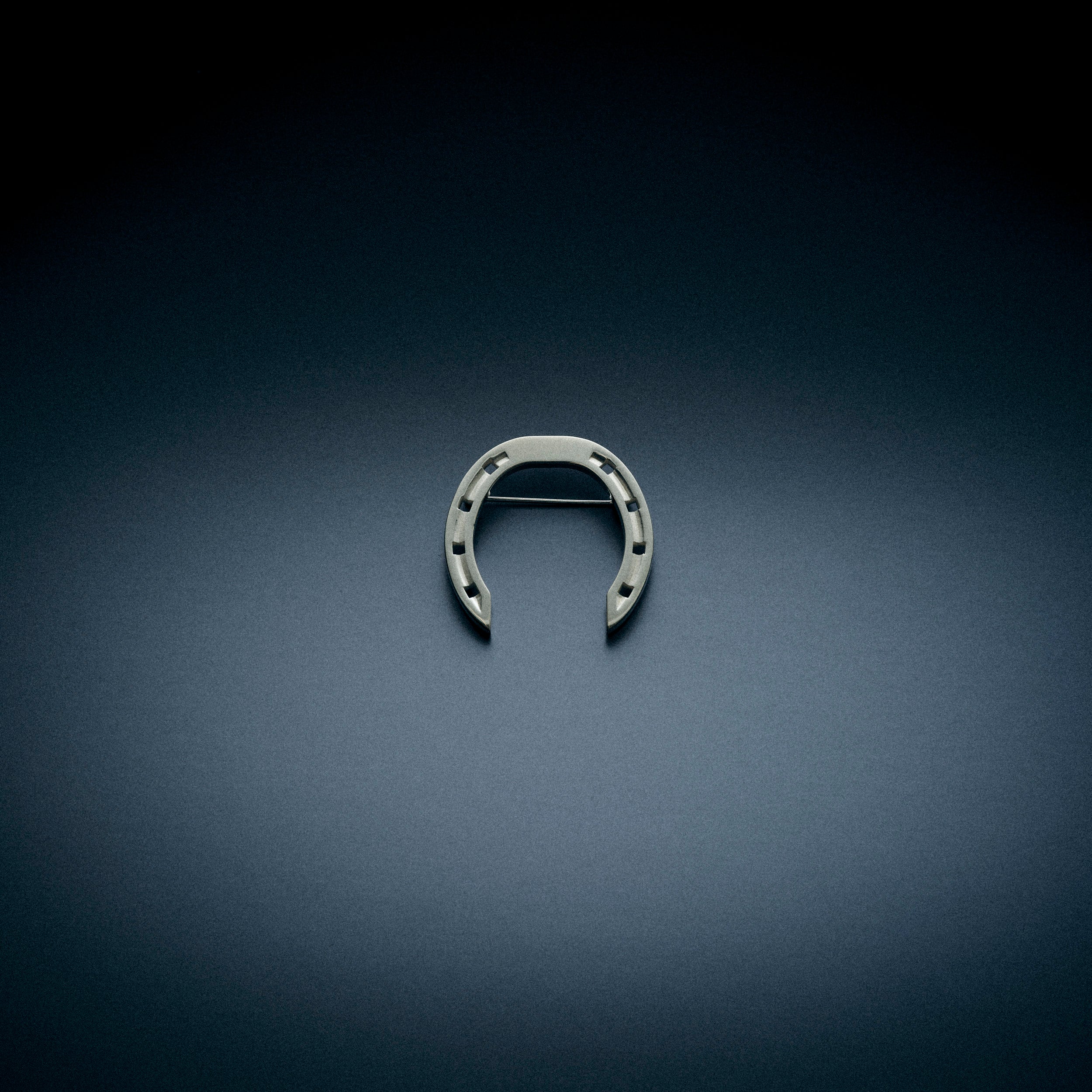 A sleek horseshoe-shaped brooch without stones, displayed on a dark, textured background. The brooch features a minimalist design with a horizontal clasp on the back.