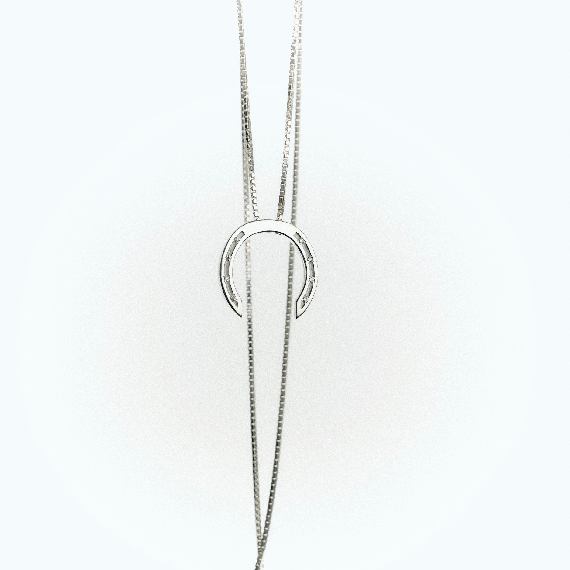 A delicate silver necklace with a horseshoe pendant, featuring small diamonds embedded in the design. The chain is elegantly draped, showing a clasp at the bottom, set against a light background.